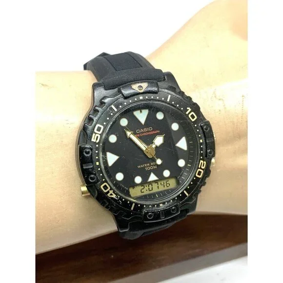 Casio Men's Watch AQ-110 Quartz Analog Digital Alarm 44mm 740 Black Rubber USED - Picture 11 of 14